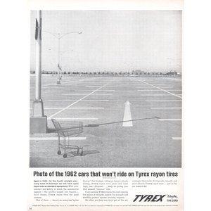 1961 Tyrex Rayon Tires Vintage Print Ad Shopping Cart Buggy Parking Lot Mall 60s